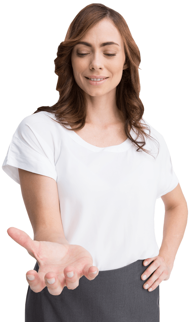 Smiling Brunette Woman Presenting with Open Hand Transparent Background