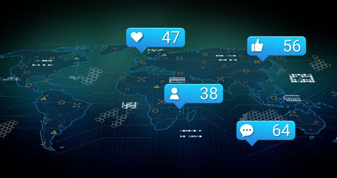 Digital Analytics World Map with Social Media Interaction Icons