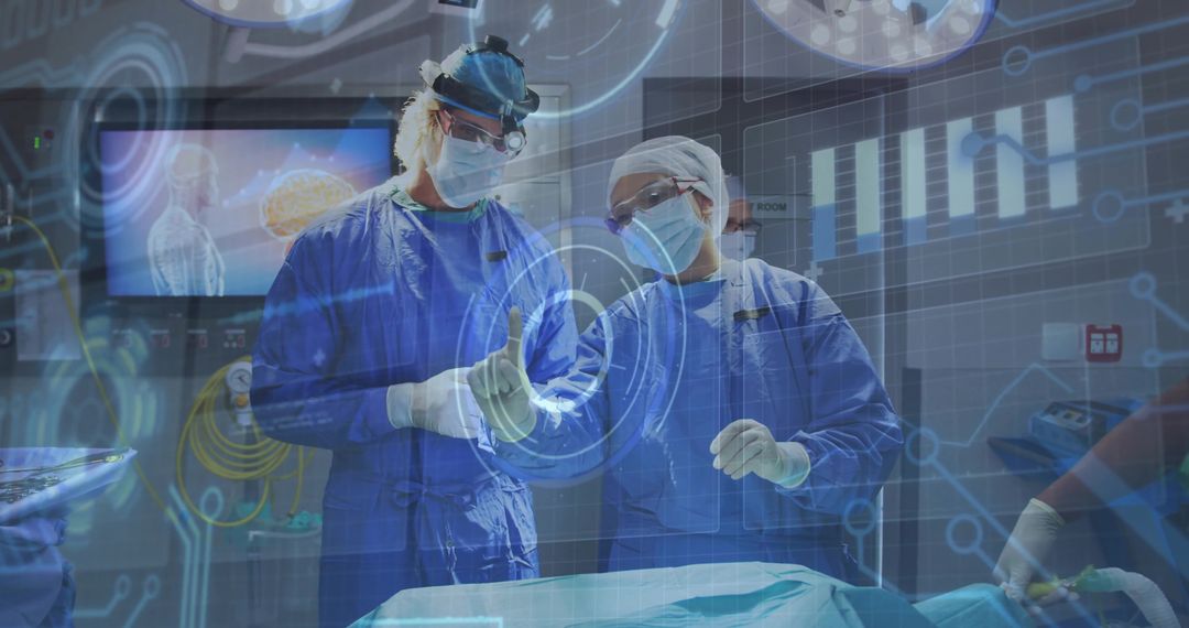Surgeons Interacting with Holographic Brain Display in Futuristic Operating Room
