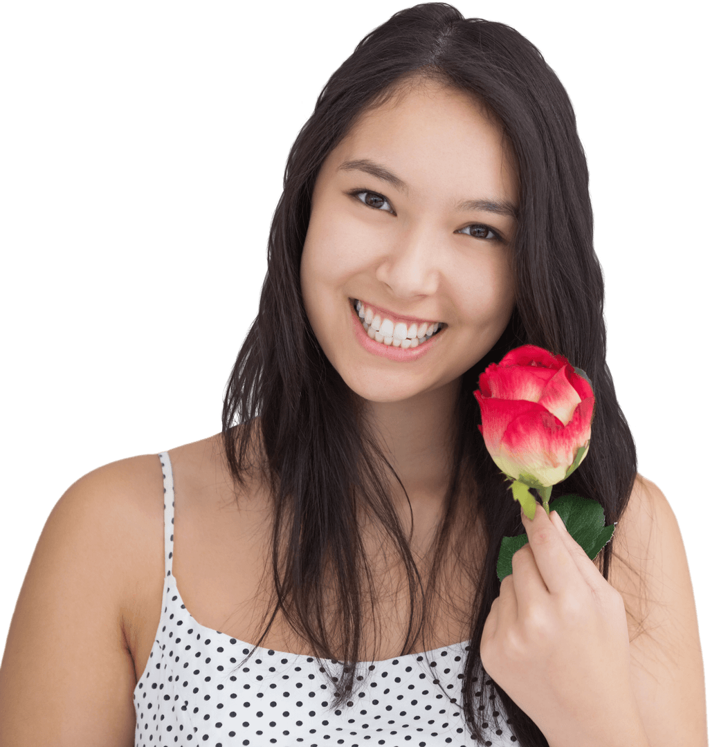 Transparent Smiling Woman Holding Red and Yellow Rose