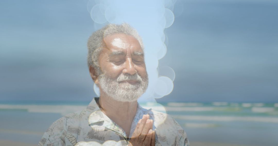 Senior Man Meditating with Enlightenment Symbolism by Ocean