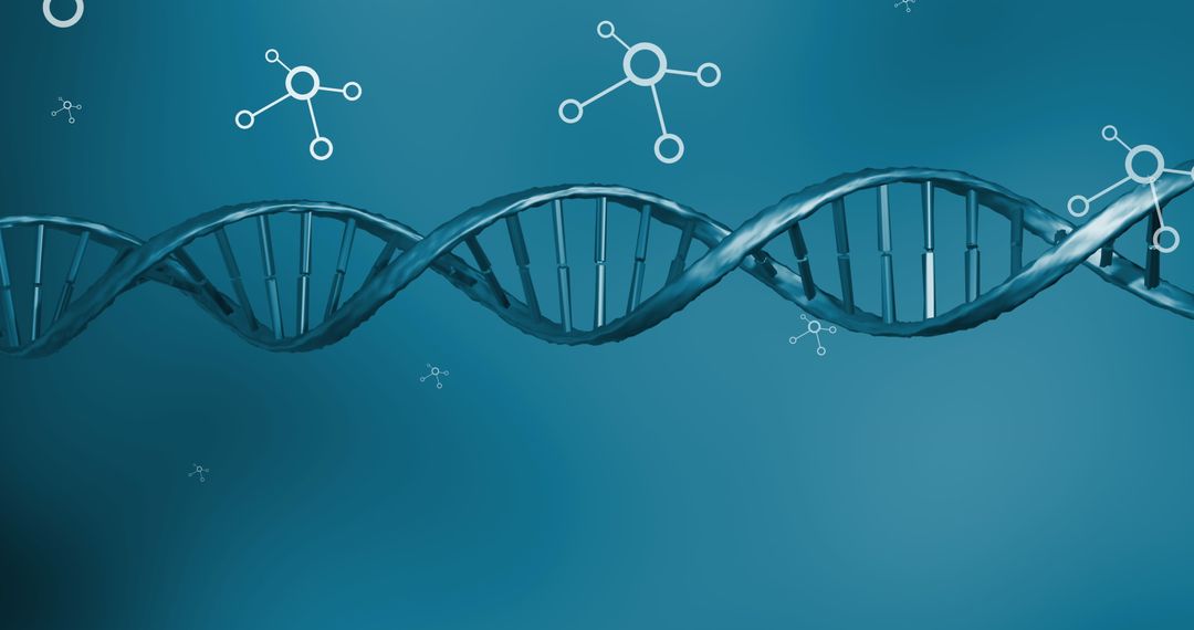 Complex DNA Helix with Molecular Structures on Blue Background