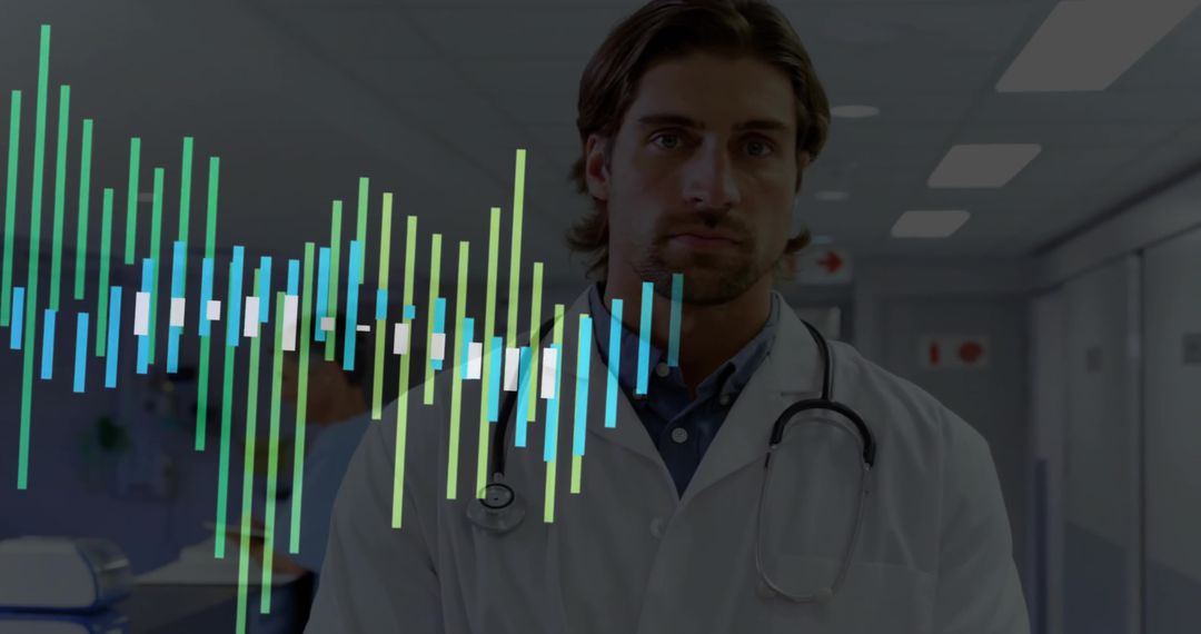 Doctor in Lab Coat with Digital Waveform Overlay in Hospital Corridor