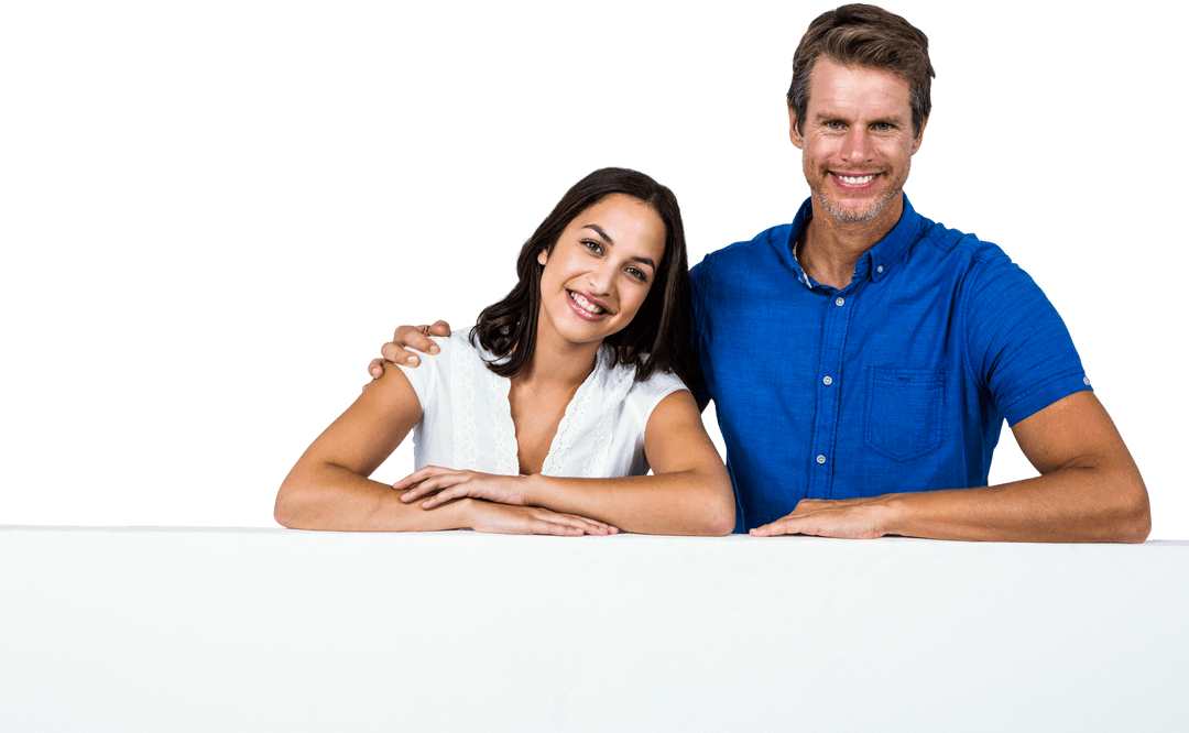 Happy Couple Leaning on Blank White Surface with Transparent Background