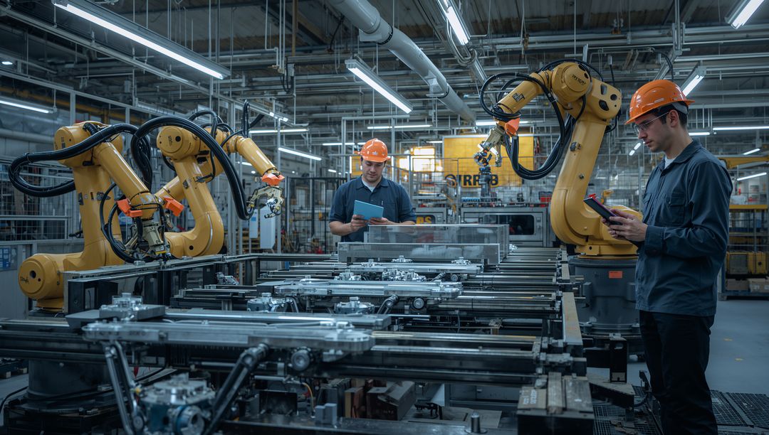 Technicians Monitoring Robotic Assembly Line in Modern Factory