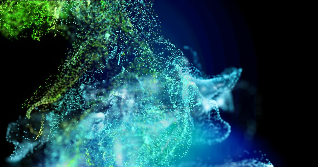 Dynamic Green and Blue Particle Clouds on Black Background