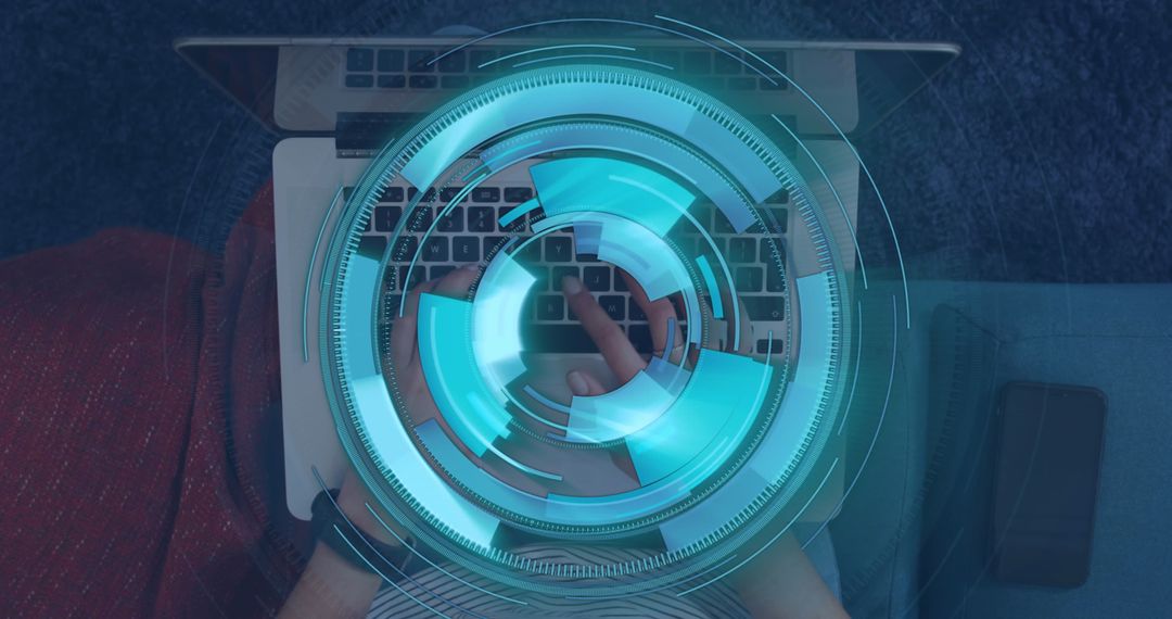 Caucasian Businessman Using Laptop with Digital Scanning Interface