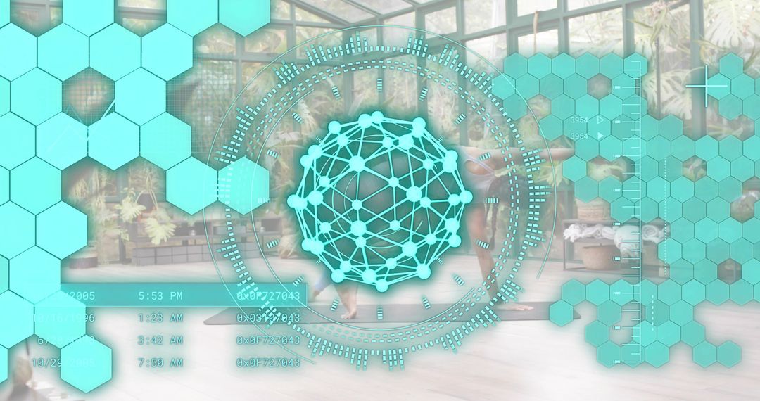 Pacific Islander woman practicing deep backbend yoga in glasshouse with HUD interface