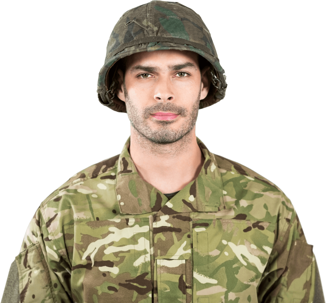 Transparent Background Portrait Soldier in Camouflage Uniform