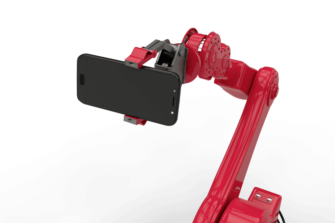 Red Robotic Arm Holding Smartphone Isolated on Transparent Background