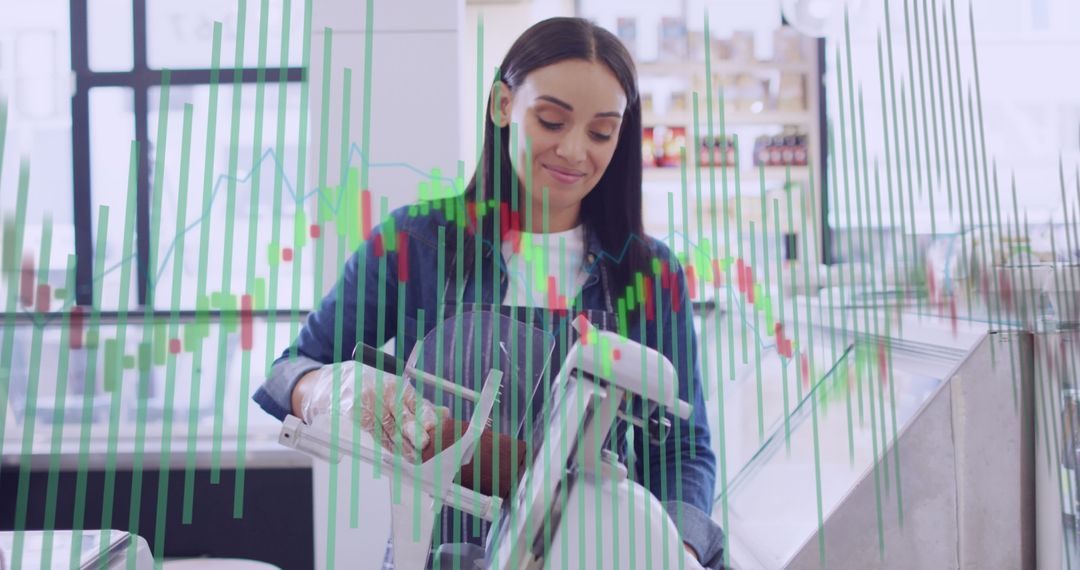 Woman Operating Cash Register with Digital Data Overlay Concept
