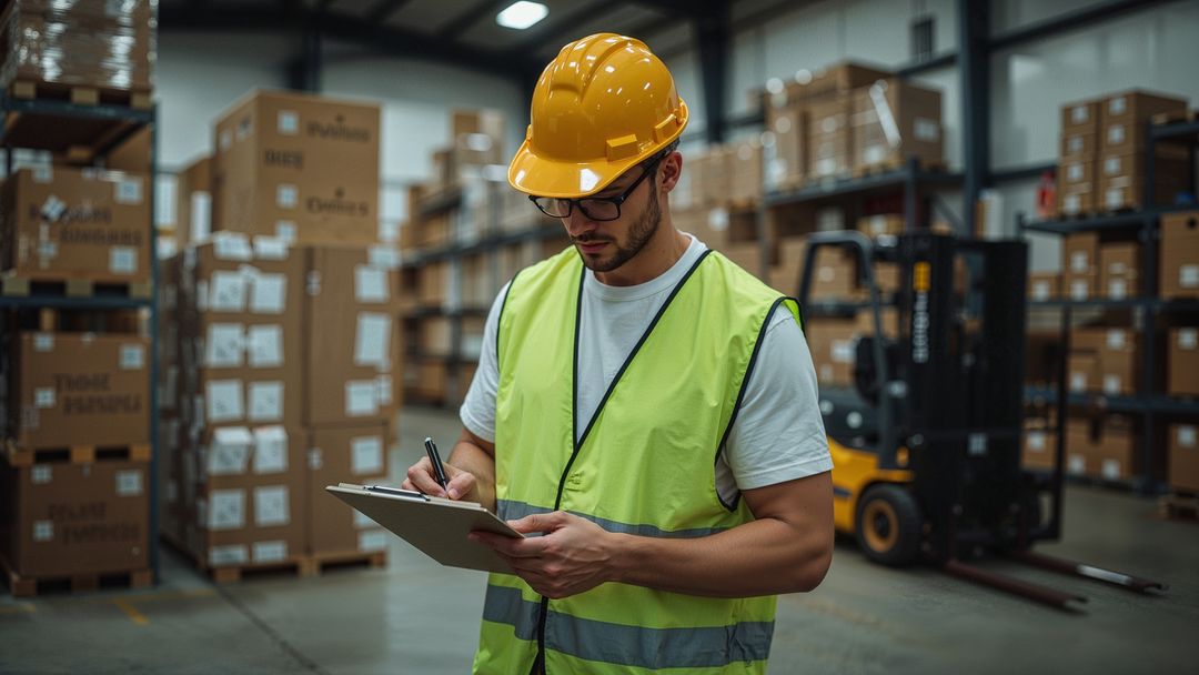 Warehouse Worker Checking Inventory in Storage Aisle with Clipboard