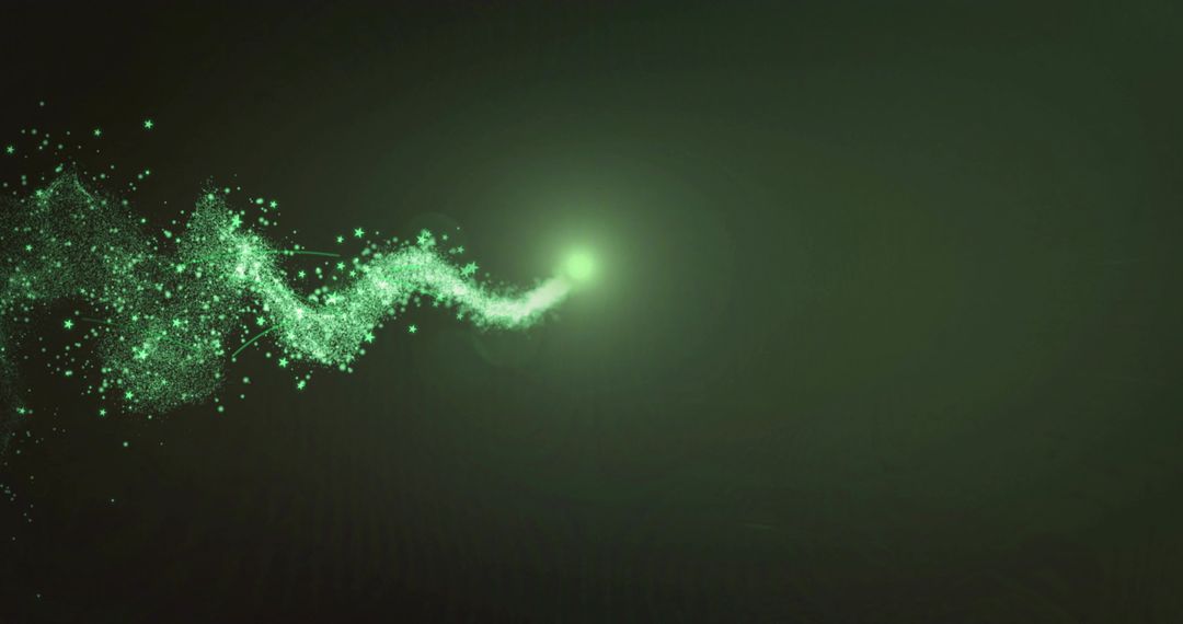 Glowing Emerald Orb Emitting Luminous Particle Trail Across Dark Green Space