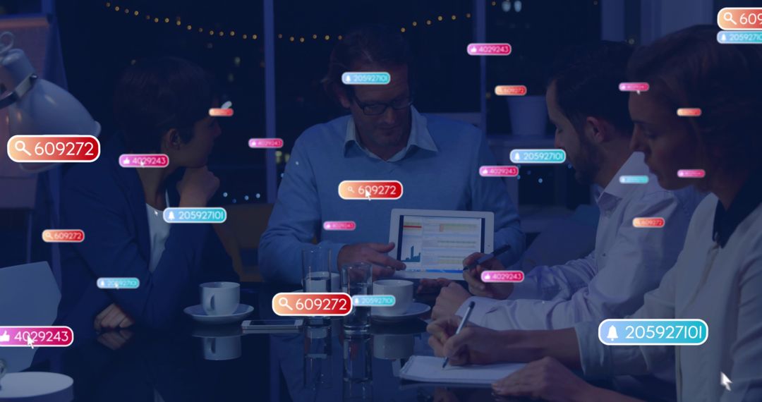 Business Team Analyzing Data with Digital Technology Overlays