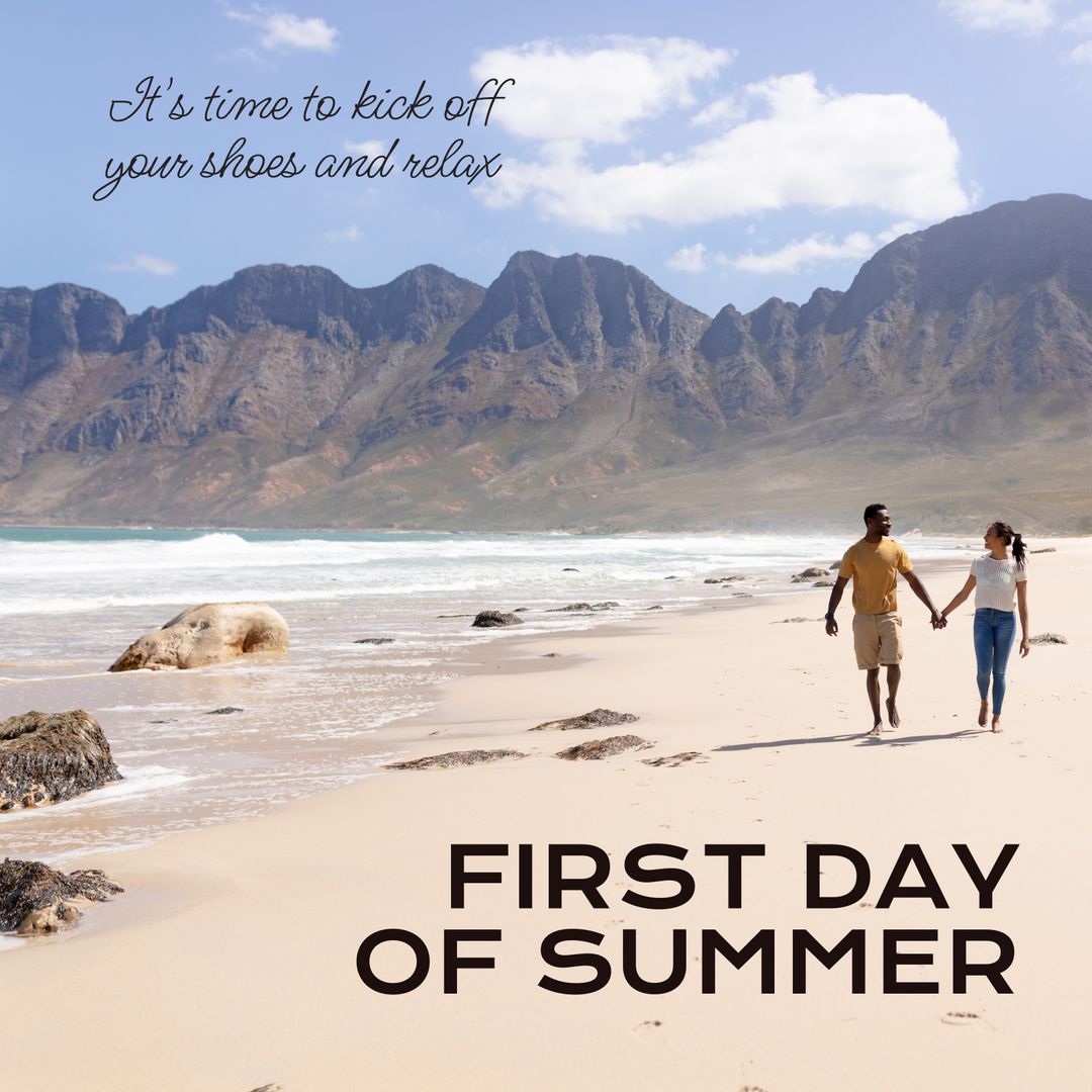 Joyful Couple Strolling on Sunny Beach Marking Start of Summer
