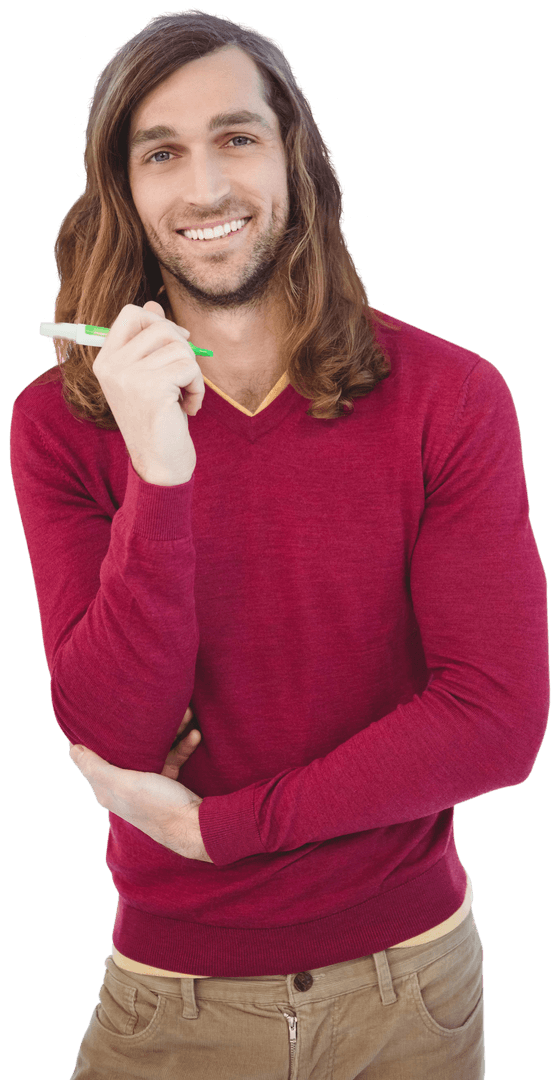 Smiling Hipster Guy in Burgundy Sweater with Pen on Transparent Background
