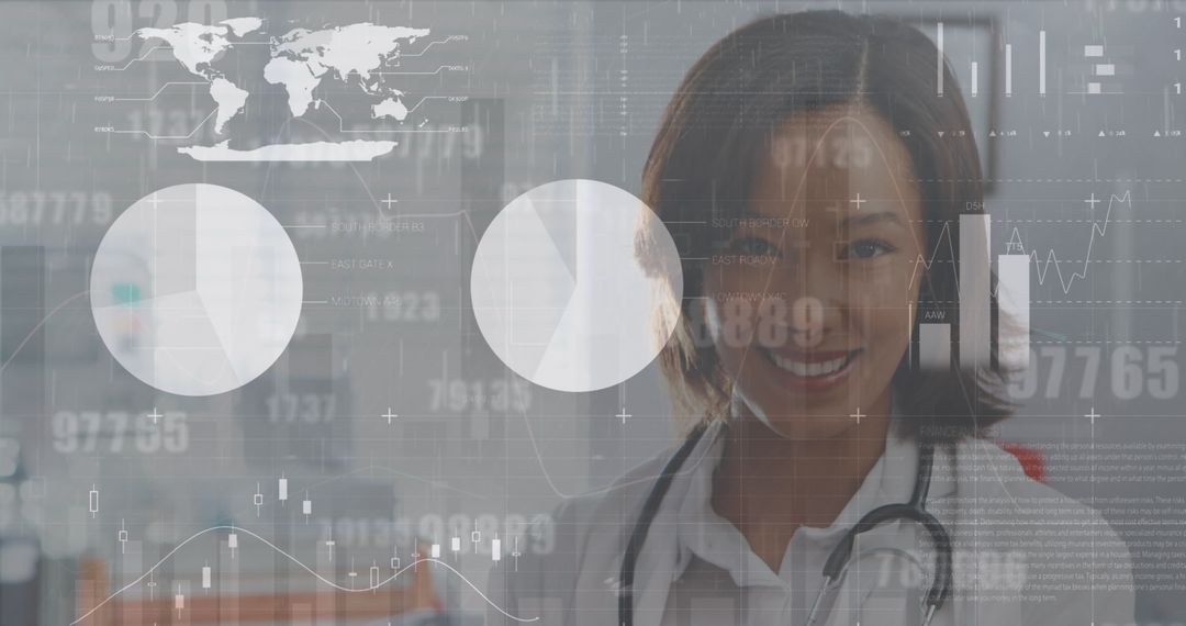 Smiling Female Doctor with Futuristic Overlay of Healthcare Data