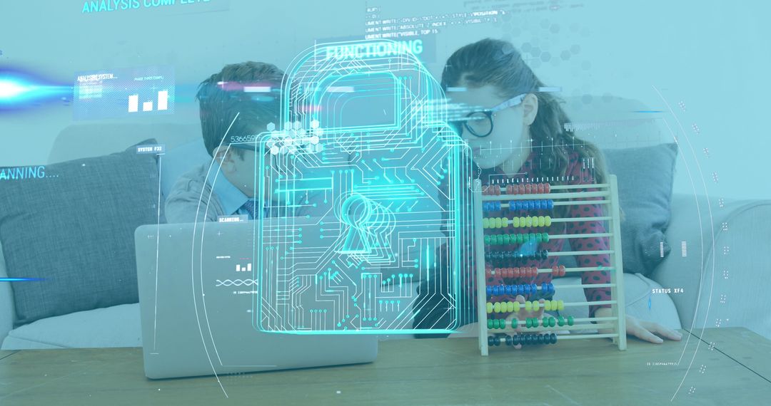 Team Strategizing Cybersecurity With Digital Lock Overlay and Abacus