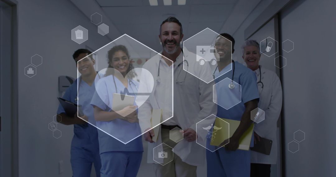 Healthcare Professionals Walking Hallway Showing Digital Connection