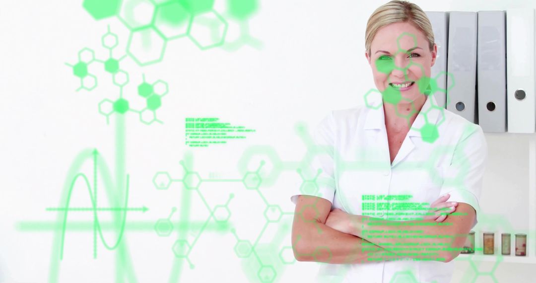 Confident Female Scientist in Modern Lab with Digital Technology Overlays