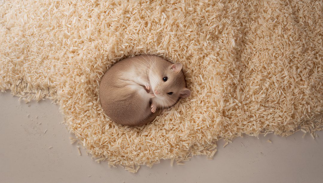 Curled Light-Tan Dwarf Hamster Sleeping on Soft Pale Wood Shavings Nesting Top-Down View
