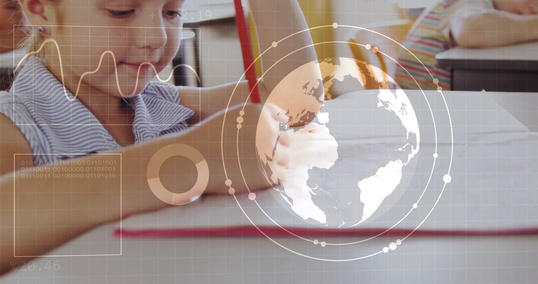 Young Student Writing in Classroom with Digital Overlay