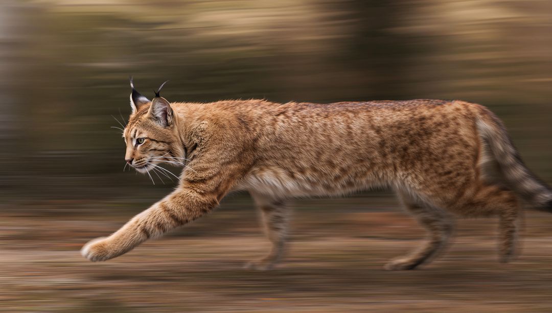 Lynx sprinting through autumn forest with motion blur, keen gaze and tufted ears