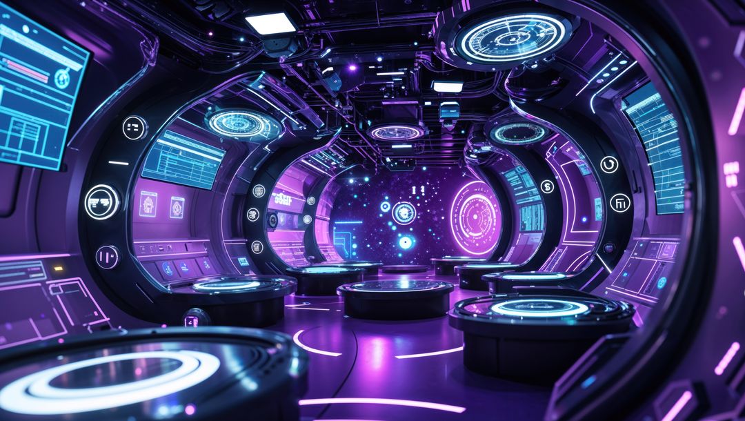 Futuristic Spaceship Corridor with Glowing Holographic Consoles
