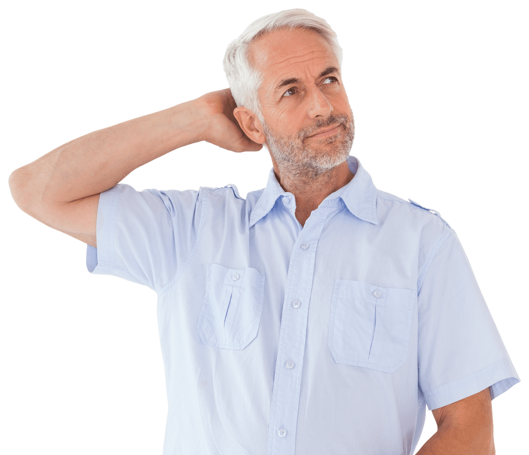 Thoughtful Senior Man in Casual Shirt on Transparent Background