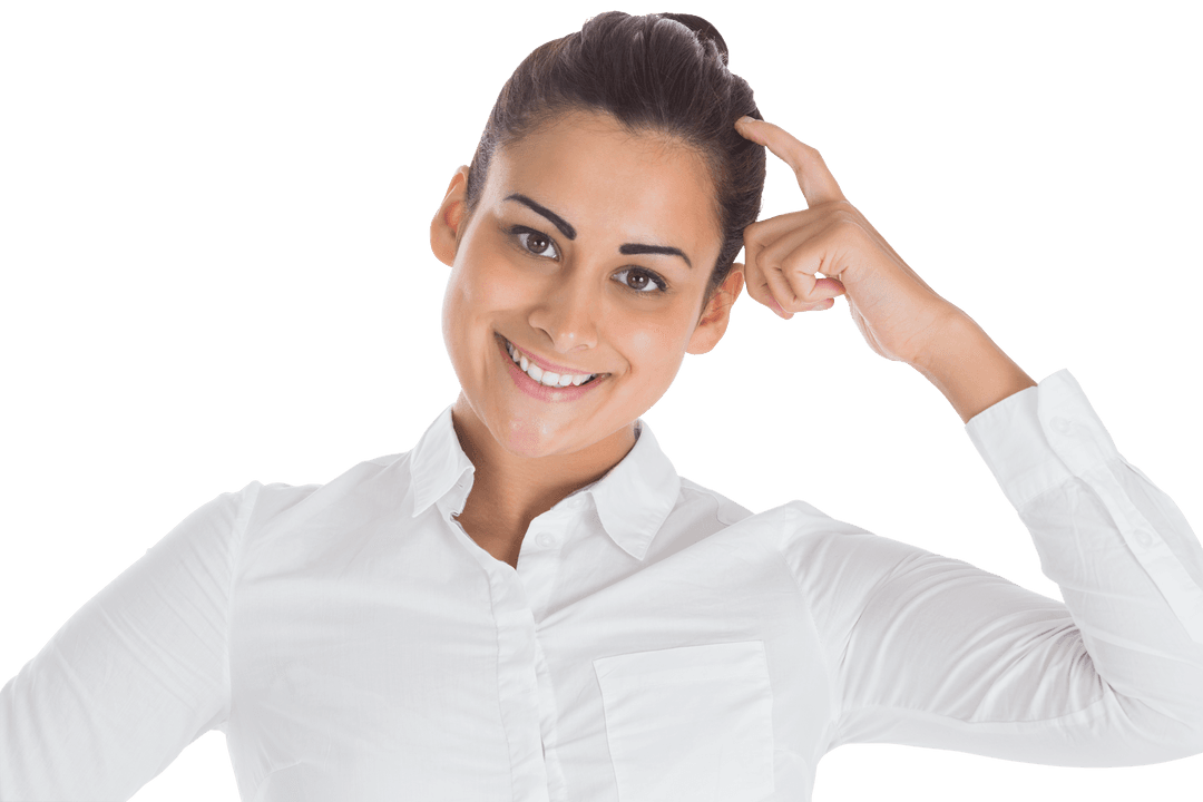 Smiling Biracial Businesswoman Scratching Head Transparent Background