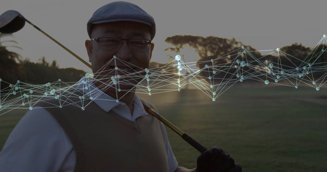 Smiling Senior Golfer on Green Field with Digital Network Graphic