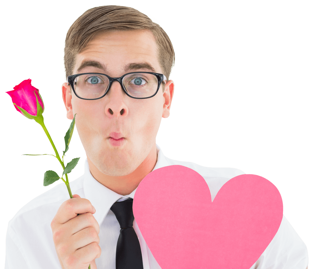Transparent Geek Holding Rose and Heart for Romantic Gesture