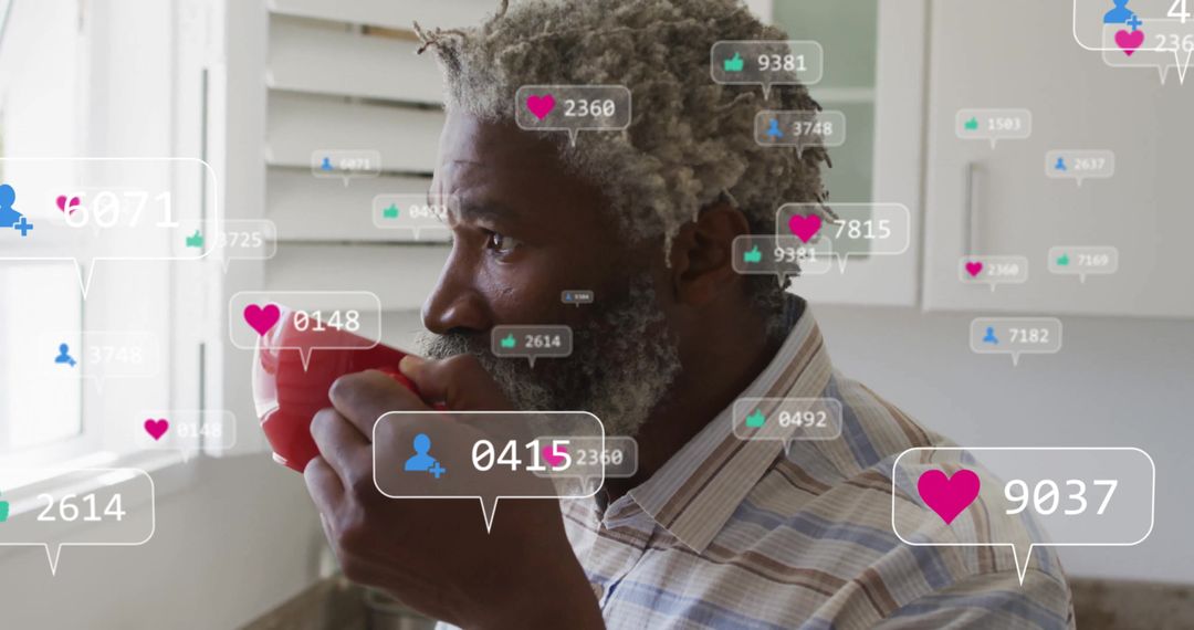 Thoughtful Man Engaging with Social Media While Drinking Coffee
