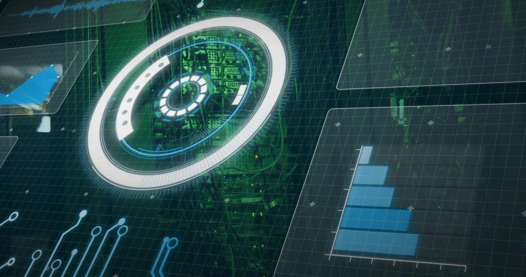 Futuristic Holographic HUD with Circular Interface, Server Circuitry and Data Charts