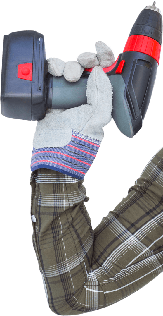 Manual Worker Holding Cordless Drill on Transparent Background