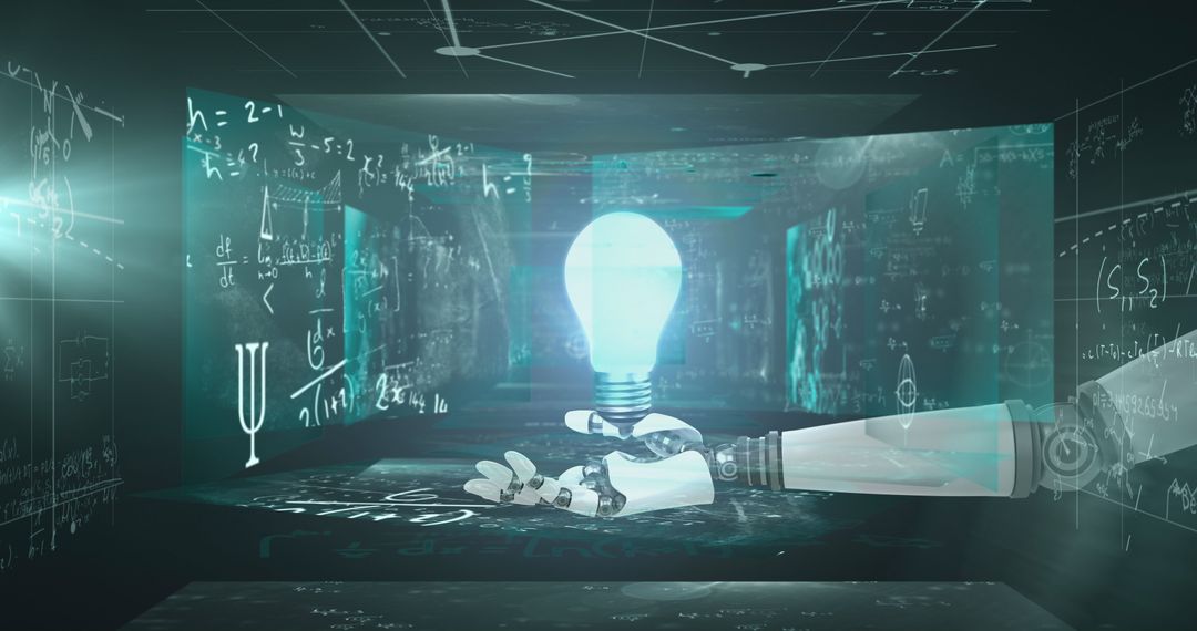 Robotic Arm Holding Glowing Bulb in Futuristic Lab Concept