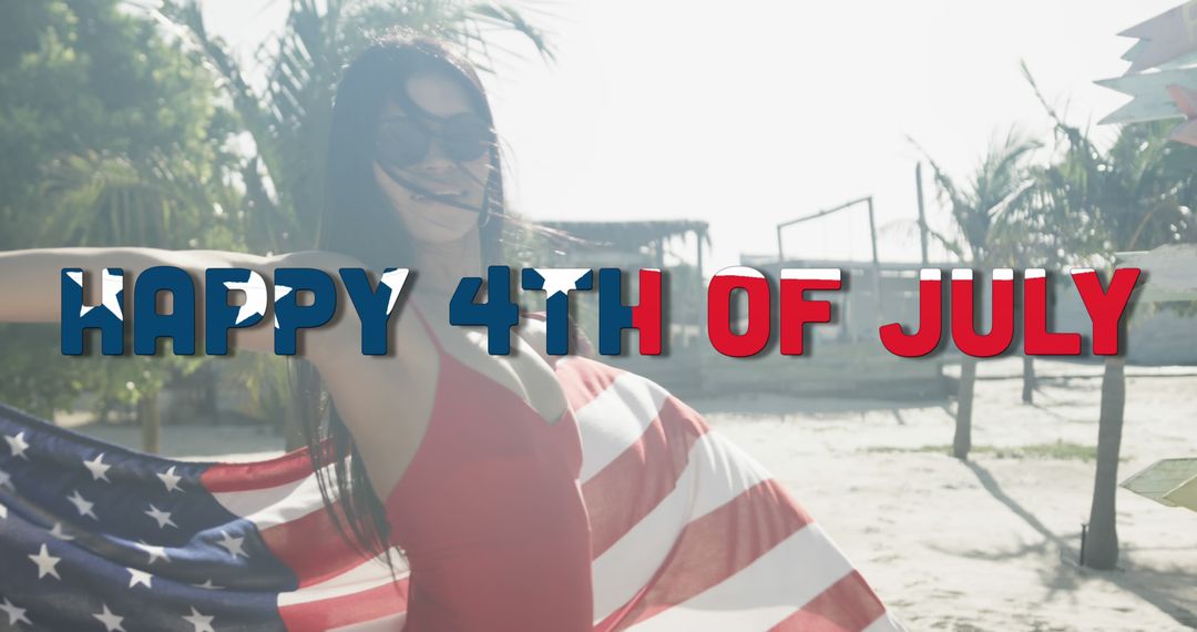 Image of happy 4th of july text and biracial woman dancing with american flag in sun - Free Images, Stock Photos and Pictures on Pikwizard.com