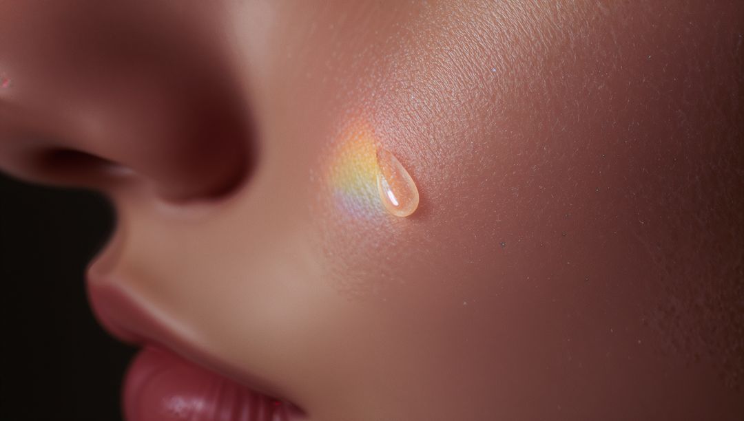 Macro showing tear droplet refracting rainbow on textured cheek and glossy lips, featuring studio bo