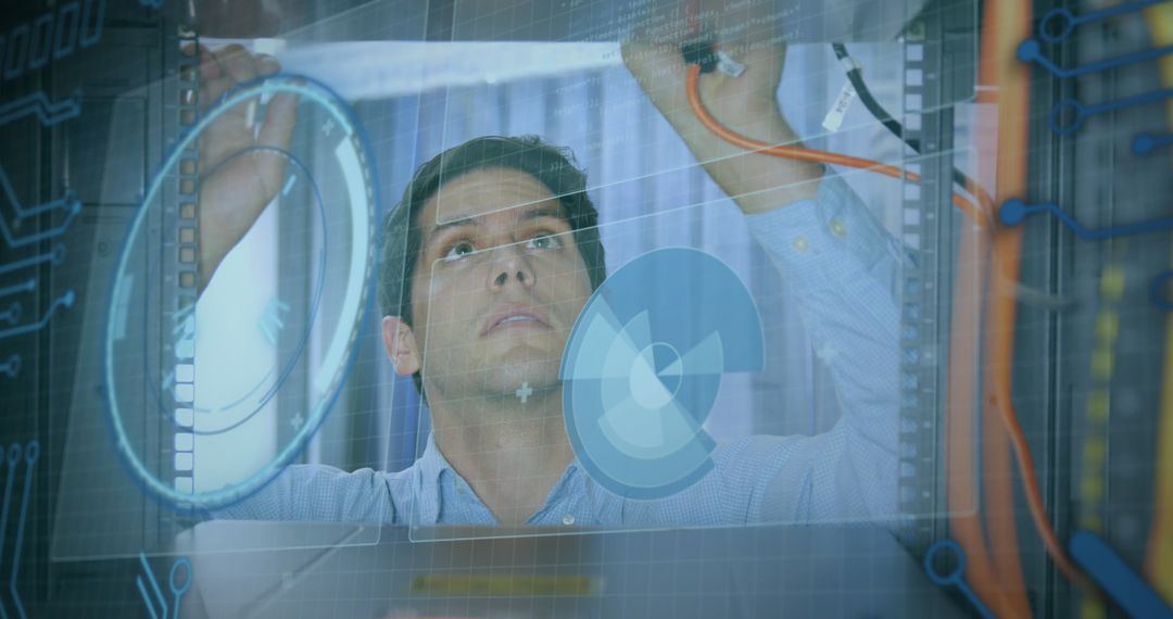 Engineer Working in Server Room with Futuristic Interface Overlay