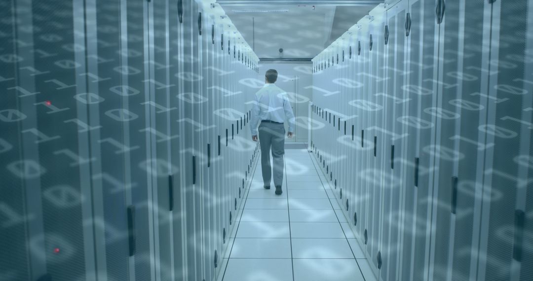 Man Walking in Modern Server Room with Data Overlay