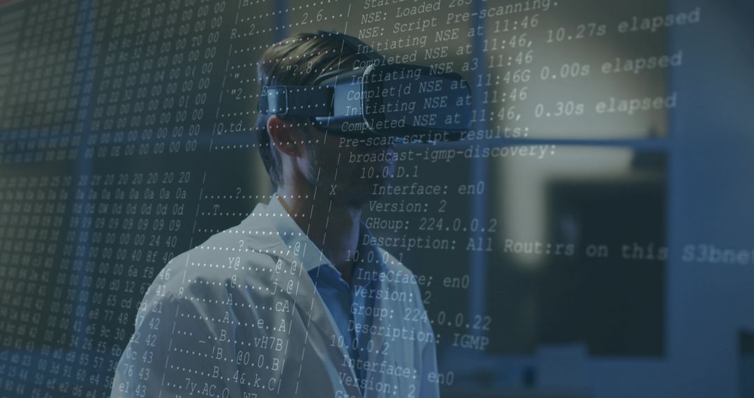 Scientist Wearing VR Headset with Projected Code in Technology Lab
