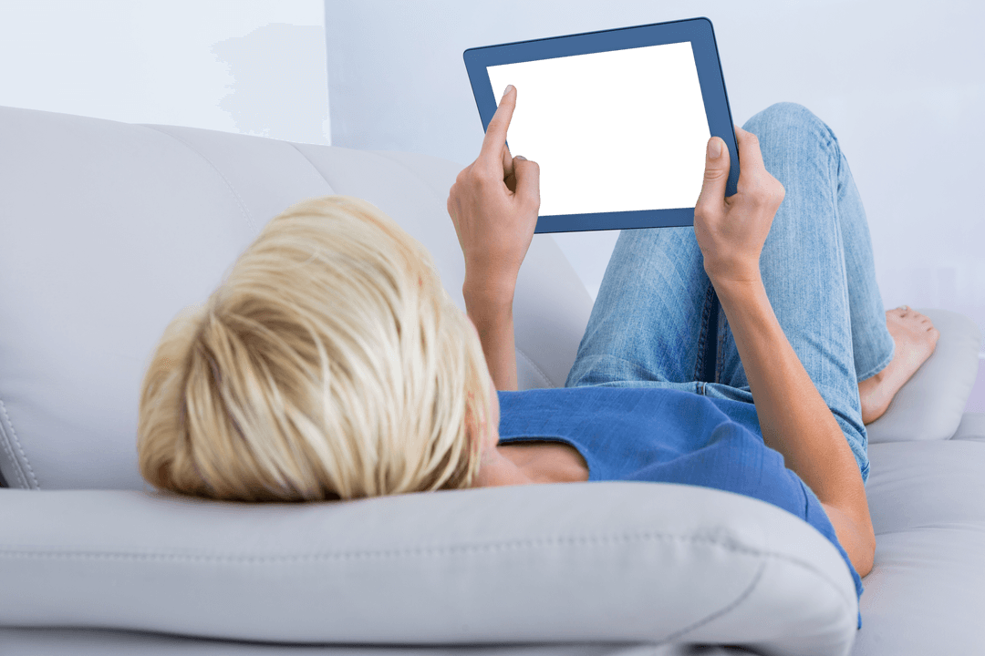 Transparent Only Mockup: Blonde Woman Relaxing with Tablet on Couch