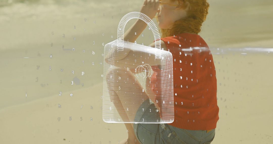 Woman Gazing at Sea with Digital Security Icon