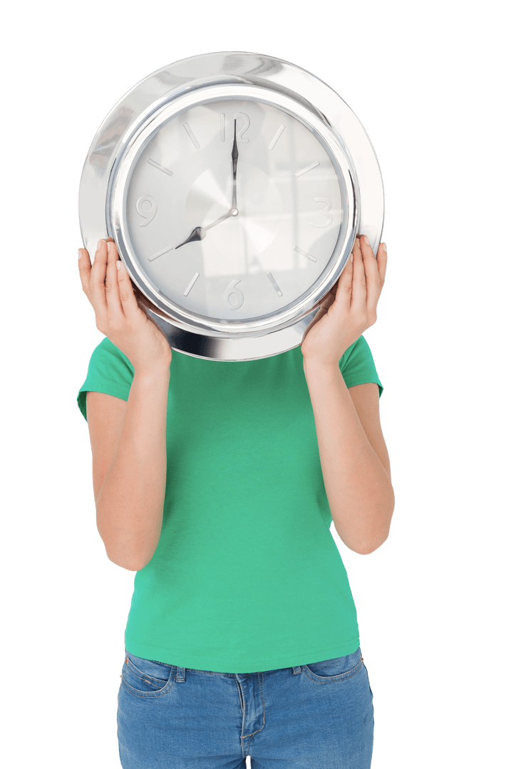 Woman Holding Large Transparent Wall Clock Over Face