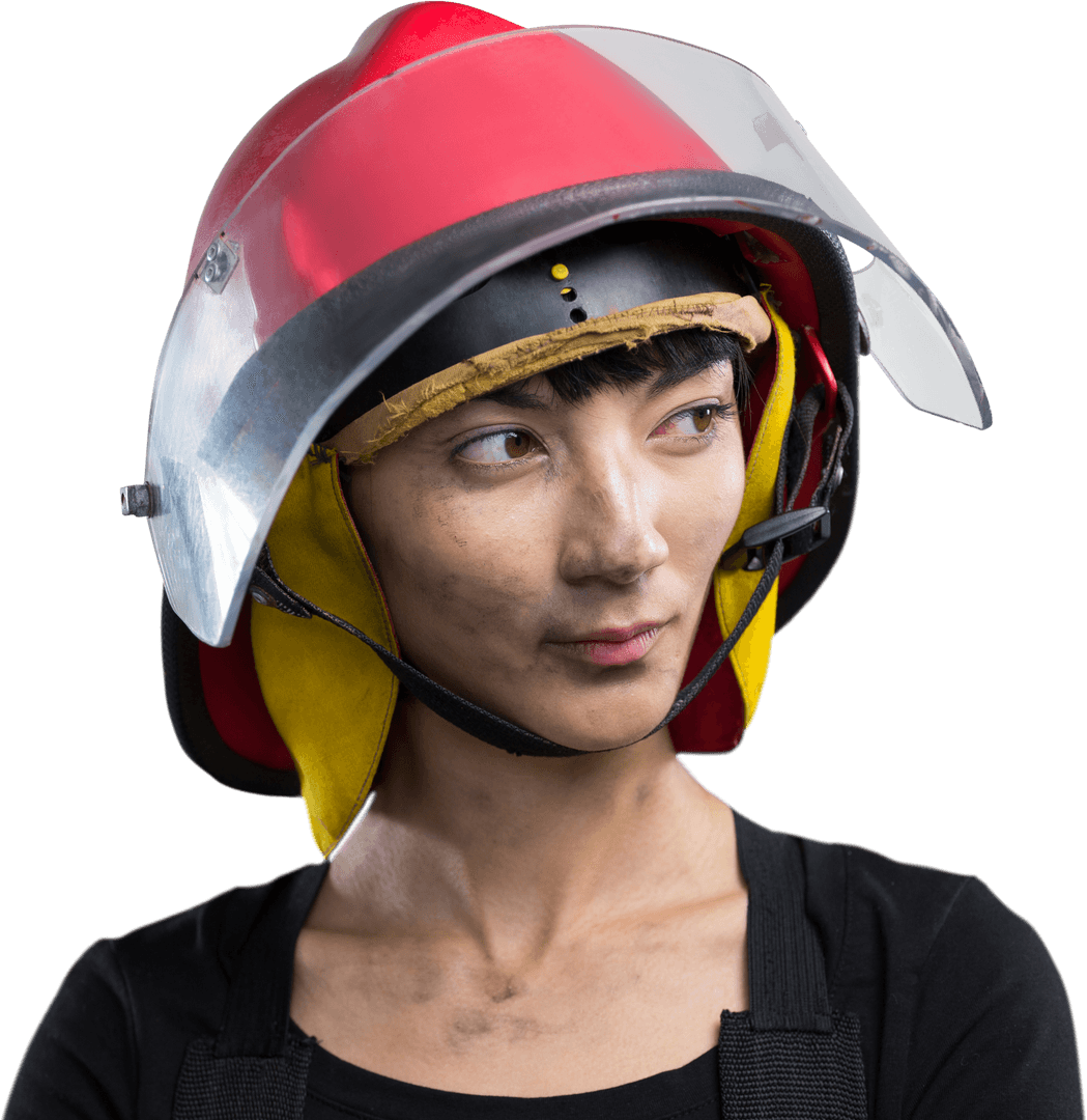 Transparent Background of Thoughtful Firefighter Looking Aside