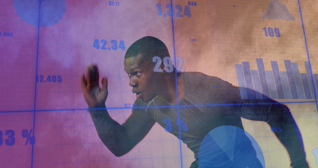 Male Athlete Sprinting with Data Analytics Overlay in Dynamic Motion