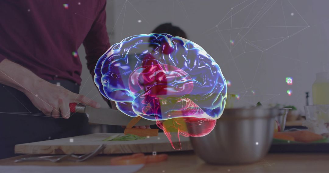 Holographic Brain Overlay Visualizing Cognitive Focus While Chopping Vegetables and Preparing Meal