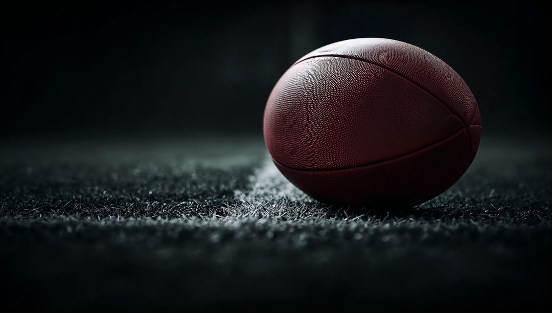 American Football Lying on Turf with Dark Stadium Atmosphere