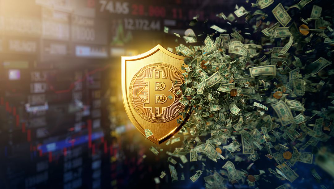 Golden Bitcoin Shield Protecting Crypto Wealth While Scattering US Dollars and Coins