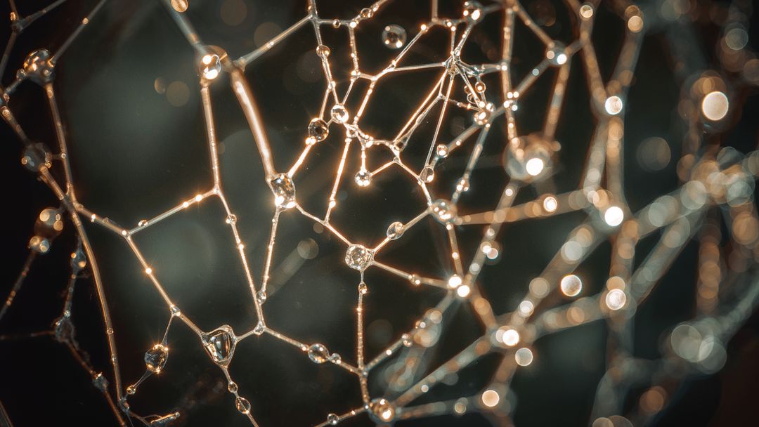 Spider Web Adorned with Dewdrops in Morning Light